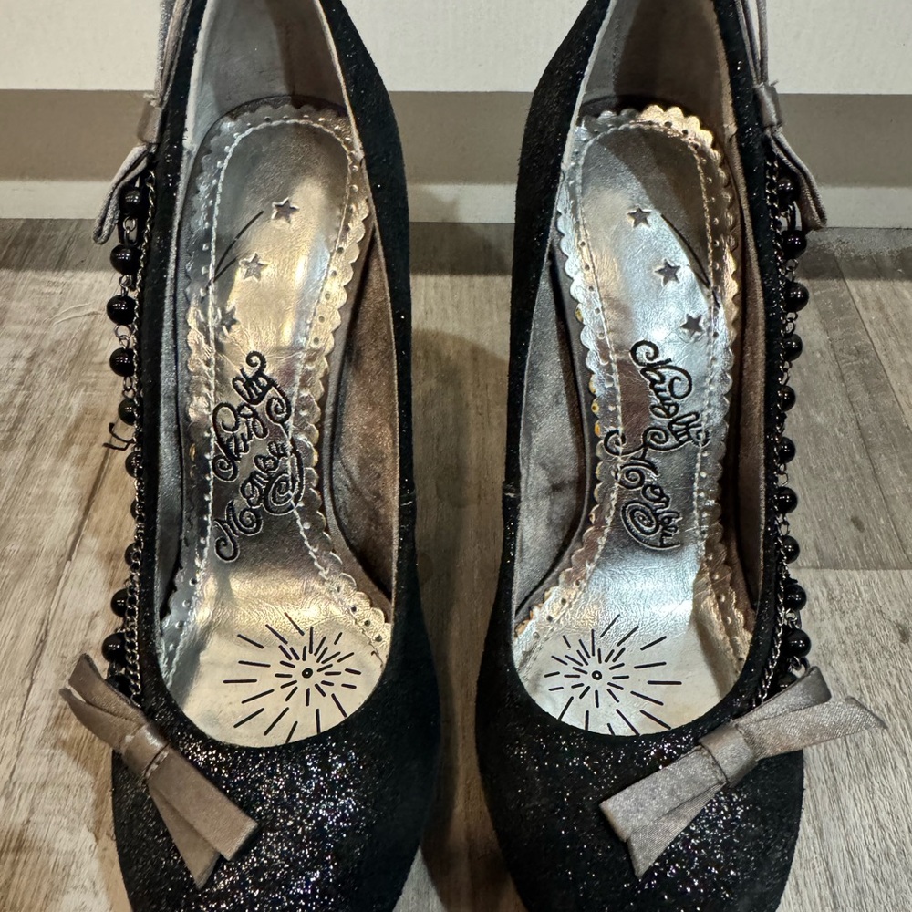 Naughty Monkey Vintage Black Glitter Platform Heels with Bow Size 7